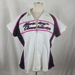 Harley Davidson Bowling Shirt Full Zip Womens 2XL White Motorcycle Biker HD